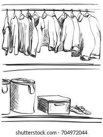 Hand drawn wardrobe sketch. Clothes on the hangers.