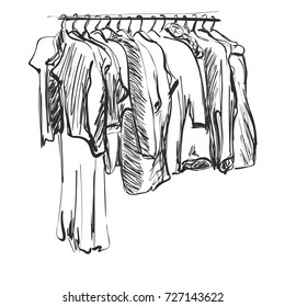 Hand drawn wardrobe sketch. Clothes. Black and white