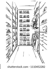 Hand drawn wardrobe sketch. Furniture. Dress, handbag and shoes. clothes. Dressing room