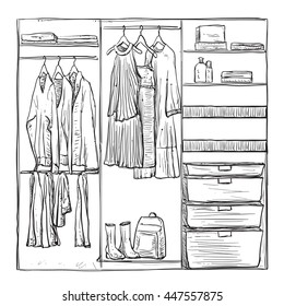 Hand drawn wardrobe sketch. Furniture and clothes.