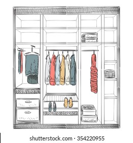 Hand drawn wardrobe sketch. Room interior with clothes.