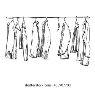 Hand drawn wardrobe sketch. Room interior with clothes. Clothes on the hangers