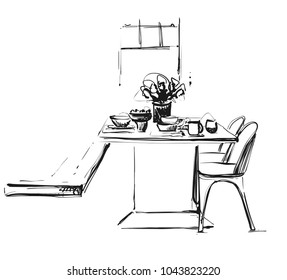 Hand Drawn wares. Dinner family. Flowers and dishes. Kitchen interior