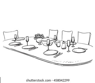 Hand Drawn wares. Dinner family. Flowers and dishes