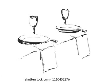 Hand Drawn wares. Romantic dinner for two. Serving. Wine glass