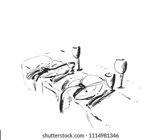 Hand Drawn wares. Romantic dinner for two. Serving.