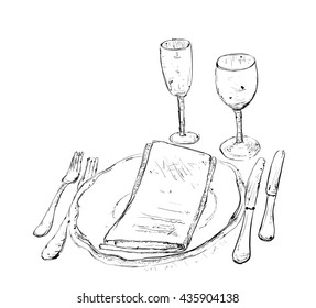 Hand Drawn wares. Romantic dinner with wine