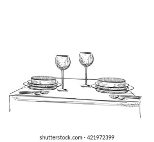 Hand Drawn wares sketch. Romantic dinner for two.