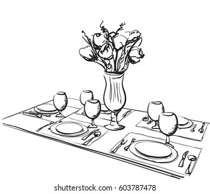 Hand Drawn wares sketch. Romantic dinner for two.