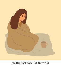 Hand drawn warm blanket. Vector illustration. Woman wrapped in cozy blanket is sitting next to teacup.