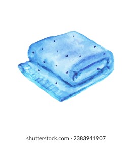 Hand drawn warm blanket watercolor Vector illustration. Warm home decor. Blue folded blanket in dots.