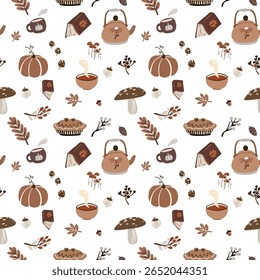 Hand Drawn Warm Brown Autumn Seamless Pattern Pumpkin, Tea Kettle, Pie, Leaves, Cozy Fall Earthy Digital Paper