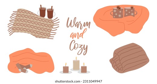 Hand drawn warm cozy blanket. Vector illustration. Mugs with a hot drink, mulled wine, socks, candles.