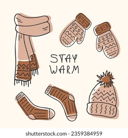 Ropa de punto caliente dibujada a mano. Accesorios de invierno en estilo doodle.  Mantén la letra de mano caliente. Ambiente acogedor de temporada