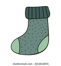 Hand drawn warm knitted sock with cute decor in green colors. Christmas, winter sign, cozy clipart. Vector illustration with hand drawn outline isolated on background. For paper craft, sticker.