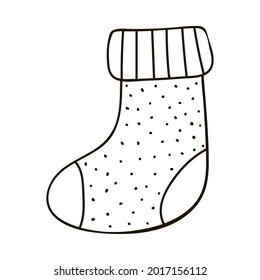 Calcetines de punto de mano pintados cálidamente con una decoración bonita al estilo de doodle. Navidad, señal de invierno, cálida clipart. Ilustración vectorial con contorno dibujado a mano aislado en el fondo. Para manualidades de papel, pegatinas.