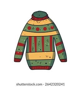 Hand drawn warm sweater with autumn knitting pattern, playful doodle style, isolated design element. For projects related to cozy atmosphere, autumn and winter weather conditions, hiking adventures