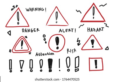 signo de alerta de advertencia dibujado a mano con símbolo de signo de exclamación establecido. Icono de línea de atención de riesgo para la protección de la seguridad Ilustración del vector de concepto