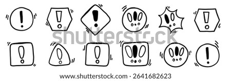 Hand drawn warning exclamation doodle attention set. Important notification simple minimalistic mark scribble caution danger art.