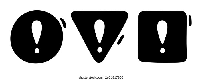 Hand drawn Warning Icons Set. Doodle Exclamation Marks, Alert Symbols, and Notification Bells in Sketch Style. Includes Stop, Caution, and Hazard Signs in Circle, Triangle, and Square Shapes. Ideal
