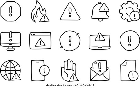 Hand Drawn Warning Line Icons Set – Alert, Caution, Security, and Error Notification Outline Vector Illustration