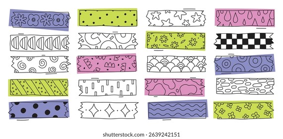 Hand drawn washi tapes sticky patch collection with cute graphic colored and black-and-white pattern. Craft masking adhesive ribbons with creative minimalist scrapbooking design vector illustration