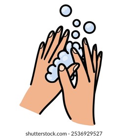 Hand drawn washing hands icon in cartoon style. Hygiene chore routine symbol with bubbles and water. Vector illustration