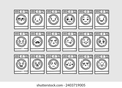 hand drawn washing machine character with various expressions