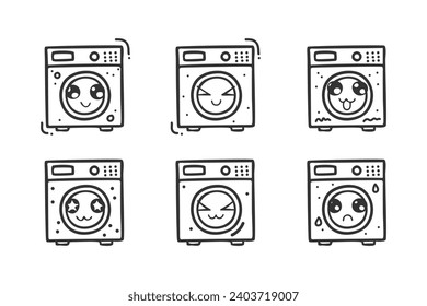 hand drawn washing machine character with various expressions