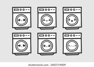 hand drawn washing machine character with various expressions