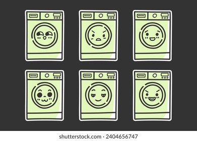 hand drawn washing machine character with various expressions