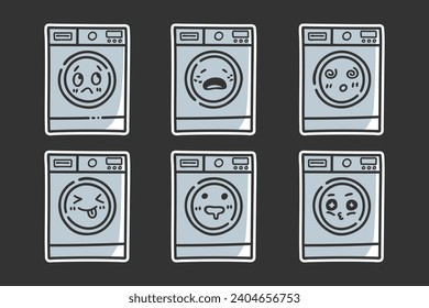 hand drawn washing machine character with various expressions