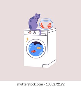 Hand drawn Washing Machine with gold fish inside. Cat sitting on the top with empty fish tank. Laundry concept. Trendy Vector illustration. Cartoon style. Isolated on a pink background