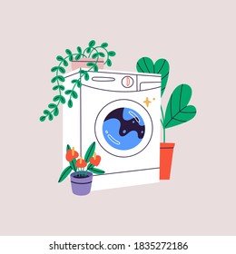 Hand drawn Washing Machine with green flowers and houseplants. Laundry, ecology concept. Trendy Vector illustration. Cartoon style. Isolated on a pink background