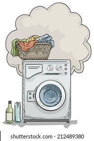 Hand Drawn Washing Machine With Launder Basket, Vector Illustration