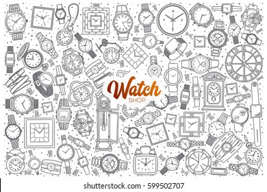 Hand drawn watch shop doodle set background with orange lettering in vector