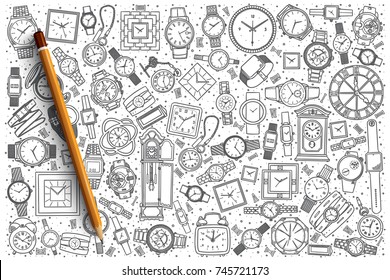 Hand Drawn Watch Shop Vector Doodle Set Background