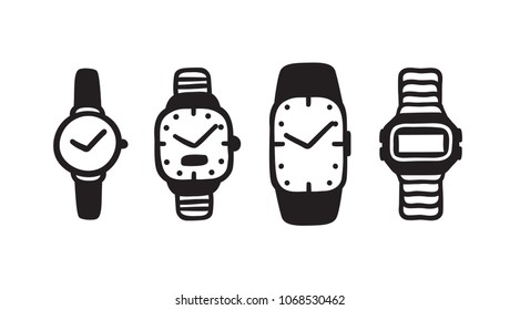 Hand drawn watches. Doodle vector clocks. Artistic drawing objects. Creative ink art work