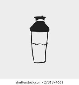 Hand drawn water bottle with cap in sketch style. Minimal black and white vector illustration for hydration, fitness, eco lifestyle, packaging and branding.