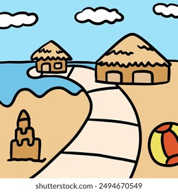 Hand drawn water bungalow, sand castle, beach ball, blue sky for summer break, holiday, weekends, hotel, background, wallpaper, backdrop, poster, post card, trip, vacation, travel, souvenir shop