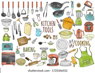 Hand drawn water color illustration kitchen tools. 