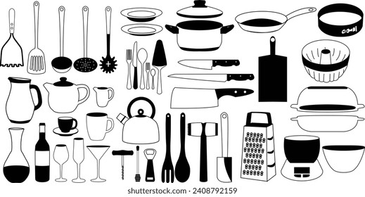 Hand drawn water color illustration kitchen tools.Baking and pastry editable stroke outline icons set isolated on white background flat vector illustration.