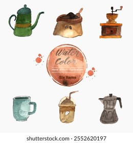 Hand drawn water color painting all about coffee