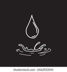 
hand drawn water droplets with water splashes isolated. white water drop doodle style on black background