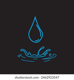 hand drawn water droplets with water splashes isolated. blue water drop doodle style on black background