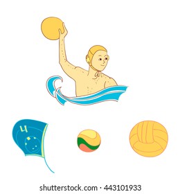 Hand drawn water polo player, ball, cap. Vector illustration of water polo sport match. Water polo ball, player, cap icon. Water splash. Sport club concept. Symbols of water polo.