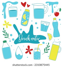 Agua extraída a mano. Concepto de consumo de agua. Vidrio de agua, botella, jarra, gota y salpicaduras adorables ilustración del doodle. Recolección de agua plana, ilustración vectorial