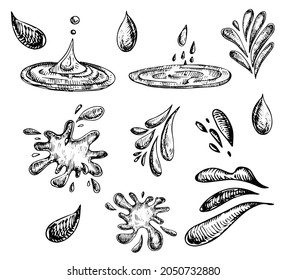 Hand drawn water splash vector illustration. Different doodle vintage lines.