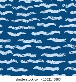 Hand drawn water waves stripes seamless pattern. Sketchy organic ocean sea texture vector illustration. Grunge wavy paint brushstroke backdrop. Blue marine home decor all over print. Kid background