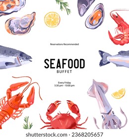 Hand drawn watercolor acrylic gouche sketch seafood vector banner. Frame background. Menu design